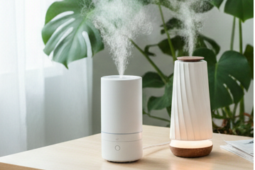 Website homepage with product display and promotional text on a light blue background